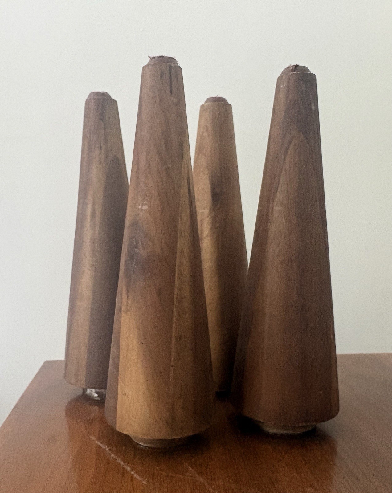 FOUR VINTAGE TEAK 8"Hx2.75"D MID CENTURY MODERN CONICAL DOWELLED FURNITURE LEGS