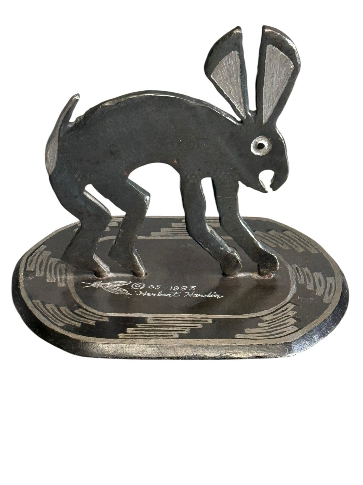 Herbert Hardin Signed Metal Mimbus Rabbit Sculpture 1993 Santa Clara Southwest