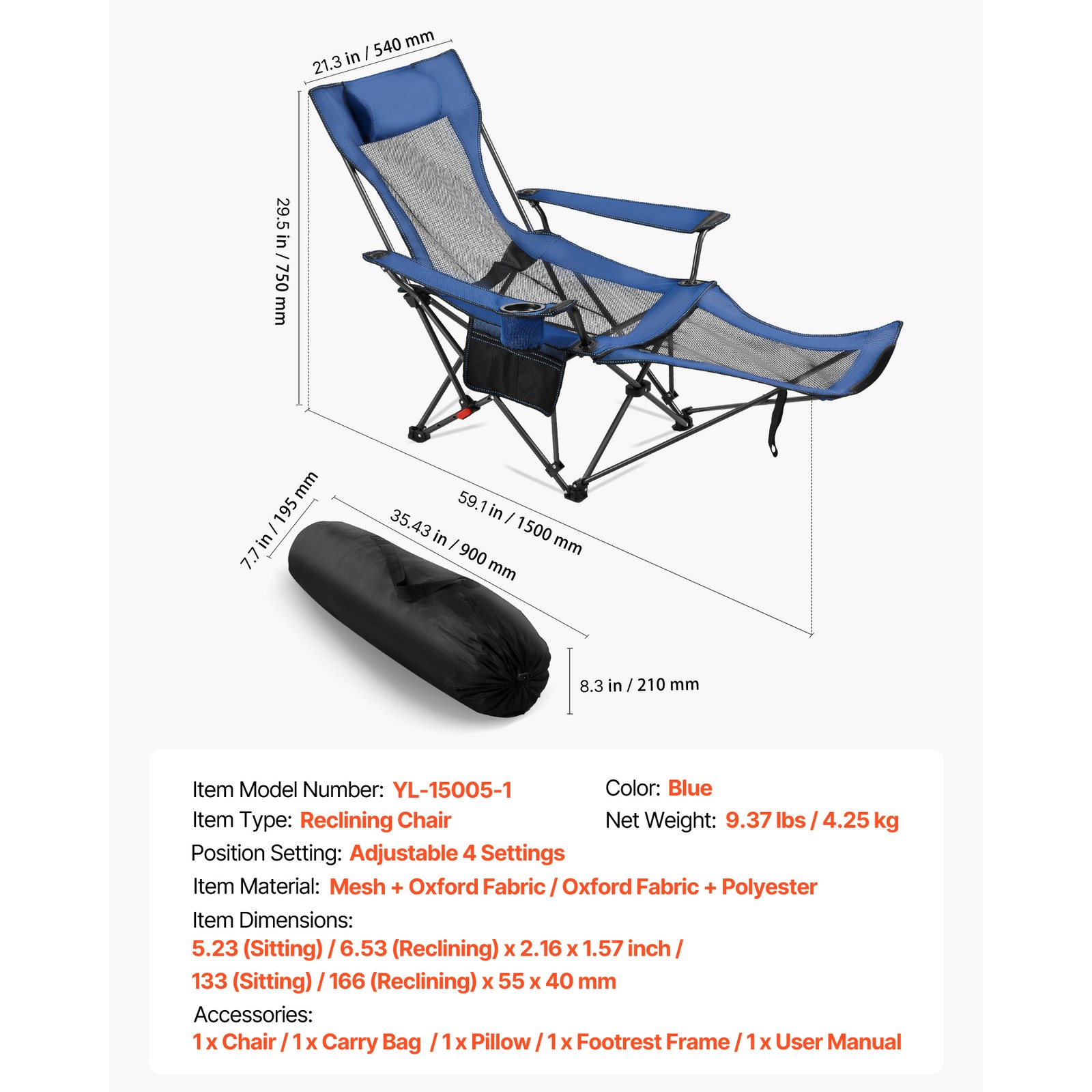 Uimoso Portable Folding Reclining Camping Chair for Adults, Heavy-Duty, Blue