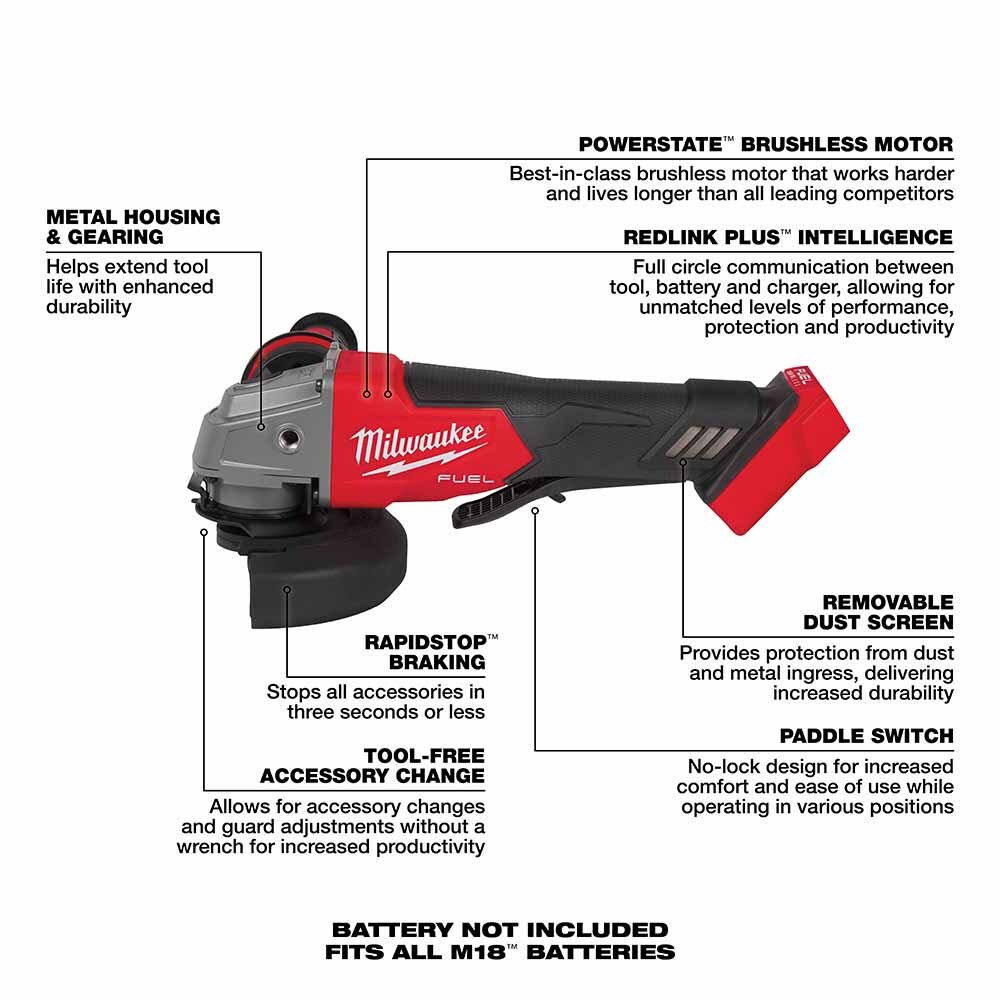 Milwaukee 2880-20 M18 FUEL™ 4-1/2" / 5" Grinder Paddle Switch, No-Lock