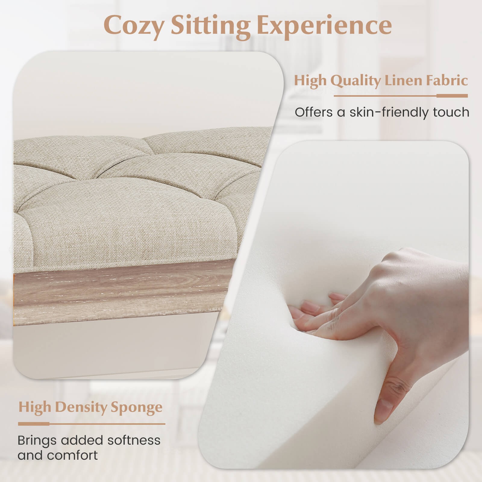 47.5” End of Bed Bench with Tufted Decoration & Antiqued Legs for Living Room