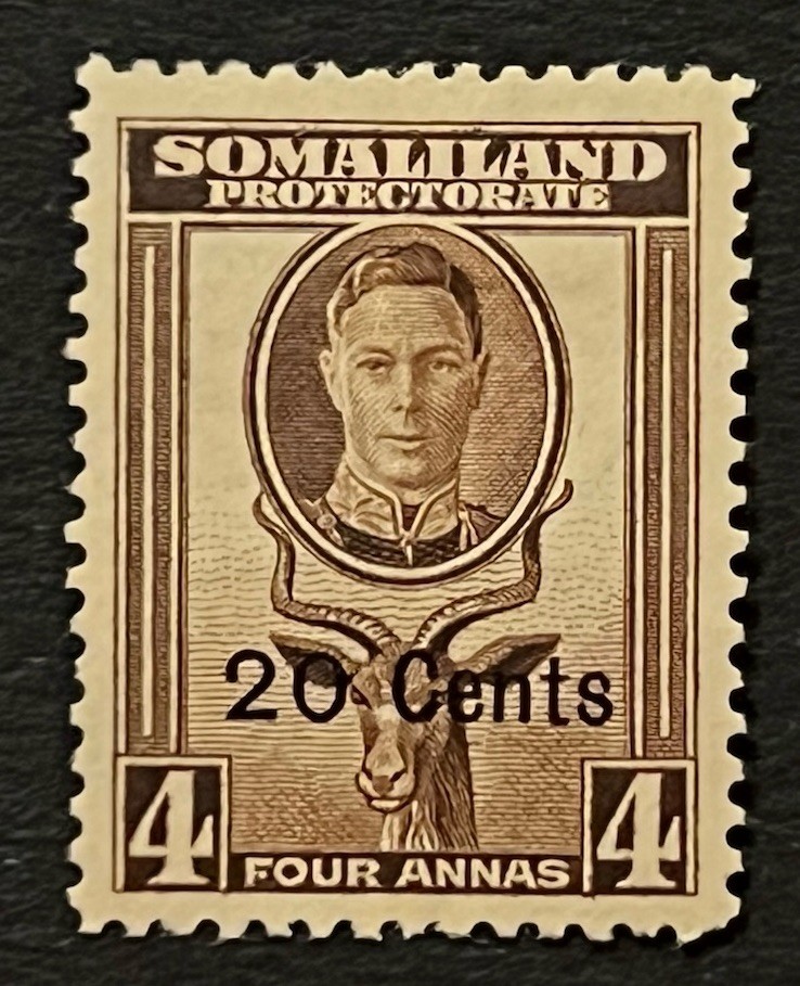 Travelstamps: 1942 Somaliland Stamps Sc #119 Sg 108 - 20c on 4 Annas KGVI MOGH