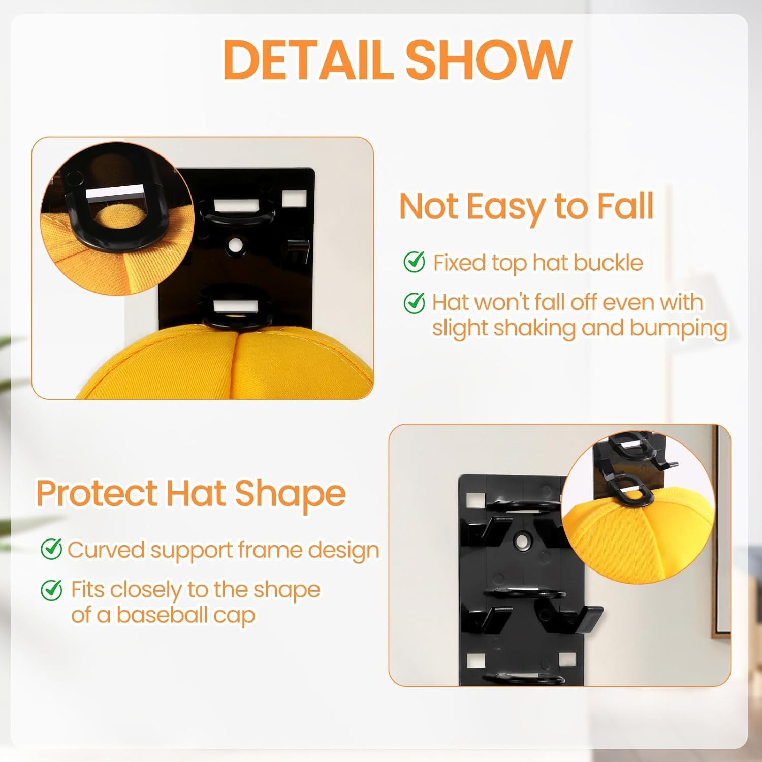 2 Pack Hat Organizer for Baseball Caps, Hat Rack for Wall with Strong Adhesive