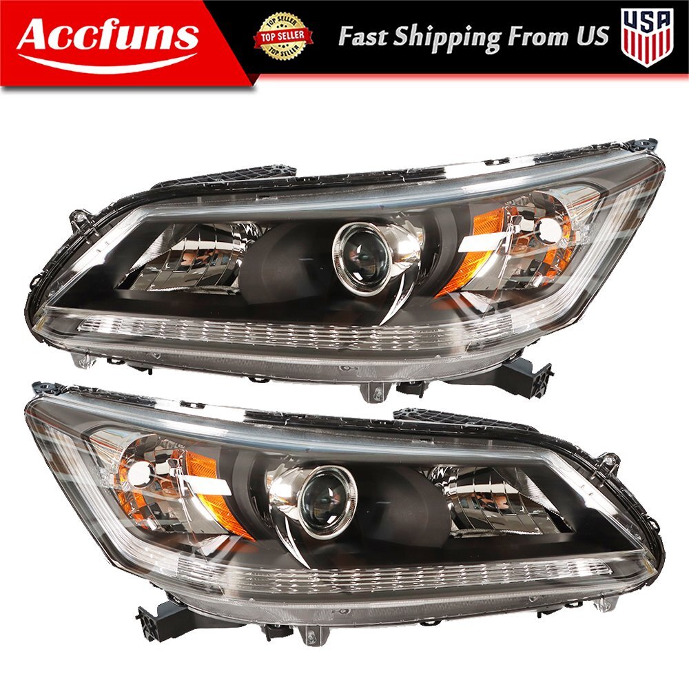 Front Pair For Honda Accord Sedan 2013-2015 Headlights Black Right+Left Halogen