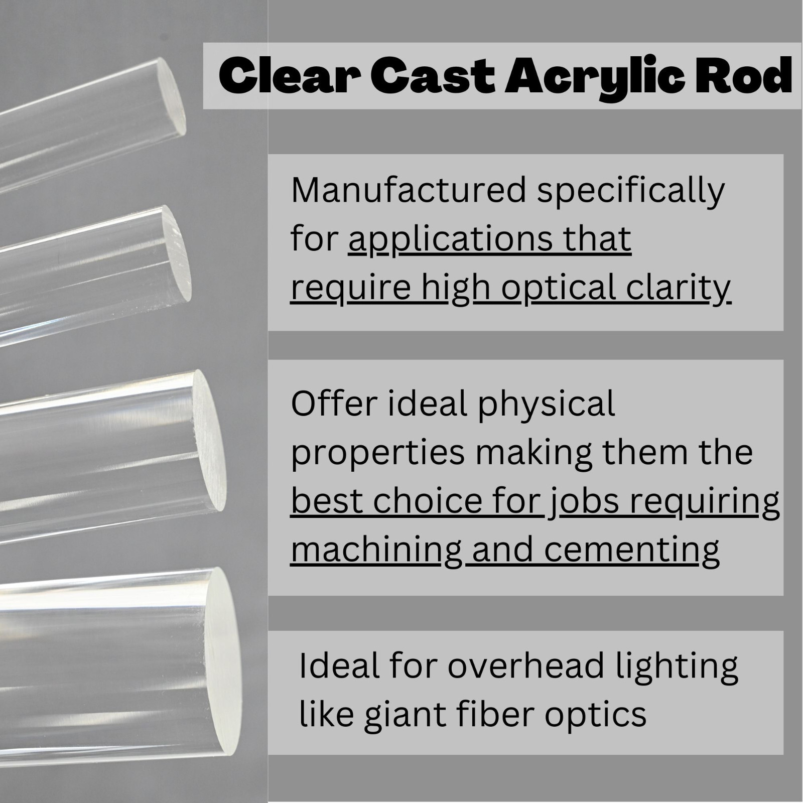 Clear Cast Acrylic Rod , Choose Size 1/4" to 4" Diameter; 1 ft. to 5 ft. Lengths