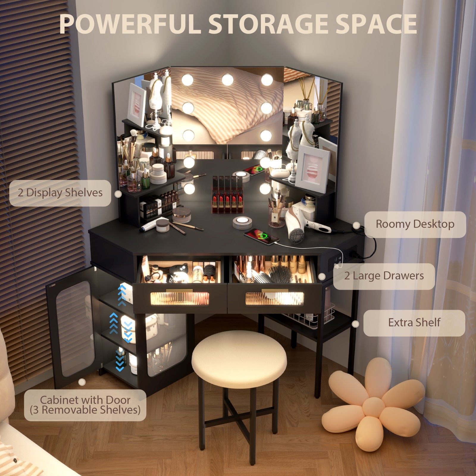 Corner Vanity Desk with Mirror and Lights, Makeup Table with Charging Station