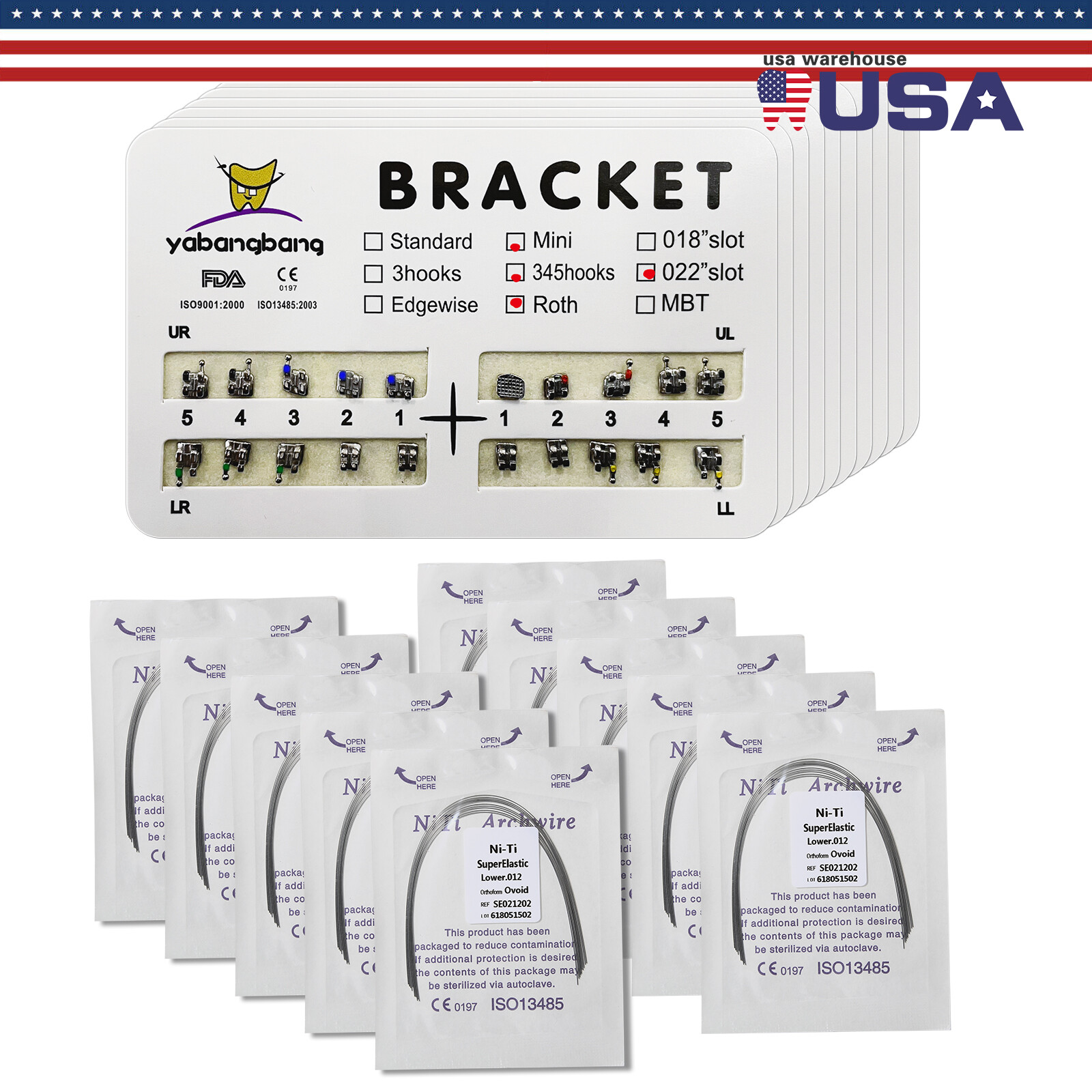 Dental Orthodontic Bracket Braces Roth/MBT 345 Hooks /Super Arch Wire Niti Round