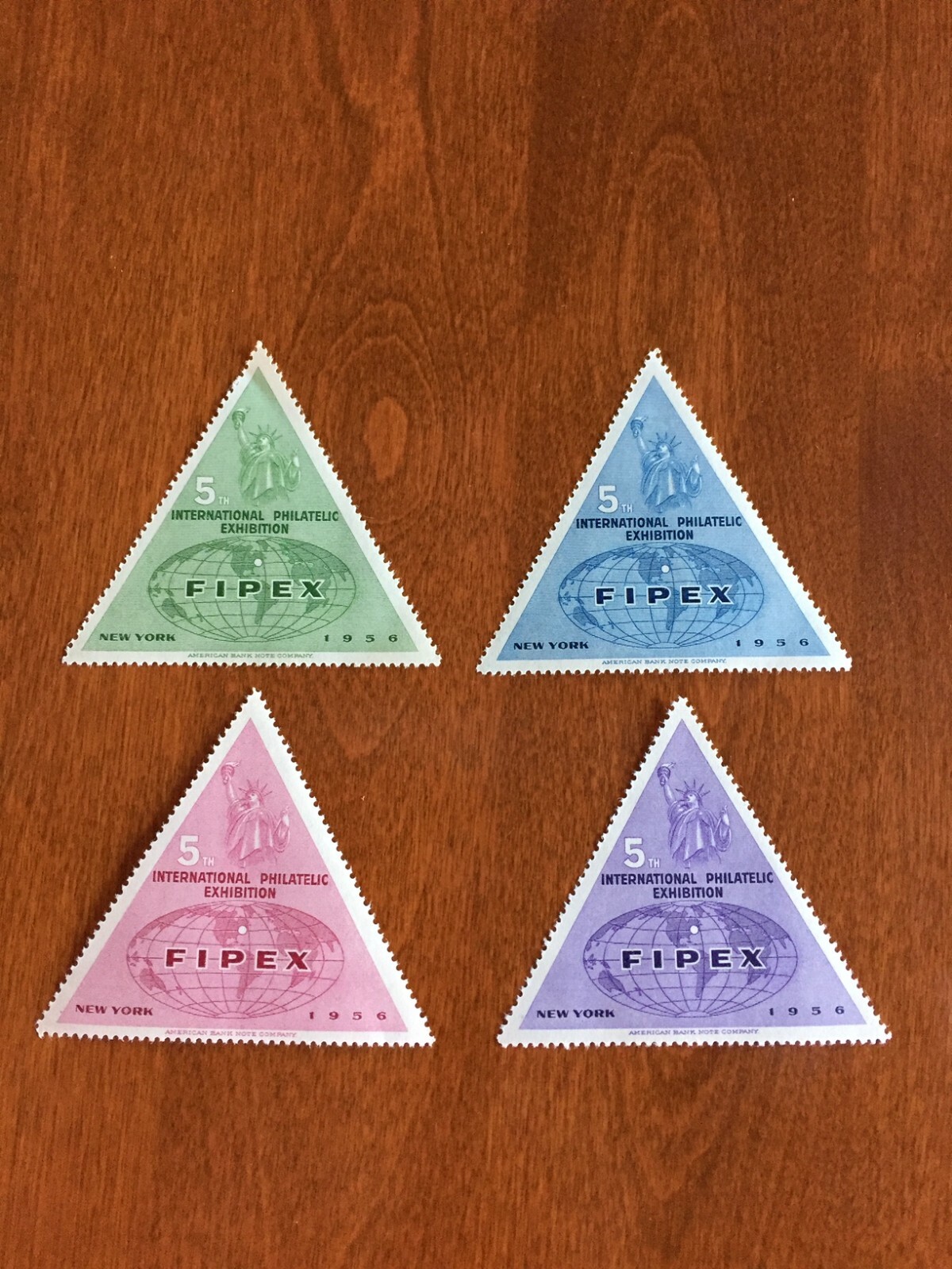 1956 FIPEX TRIANGULAR STAMP LOT 5TH INTERNATIONAL PHILATELIC EXHIBITION NEW YORK