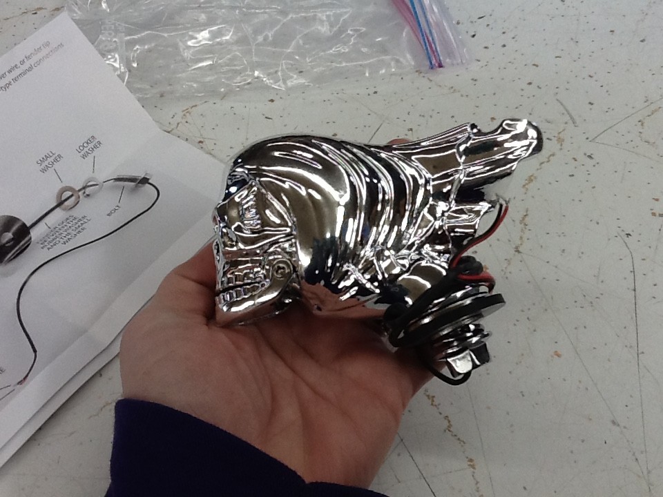 NEW NOS Vtg Flying Skull Chrome Motorcycle Bike Fender Ornament w/ Red LED Eyes