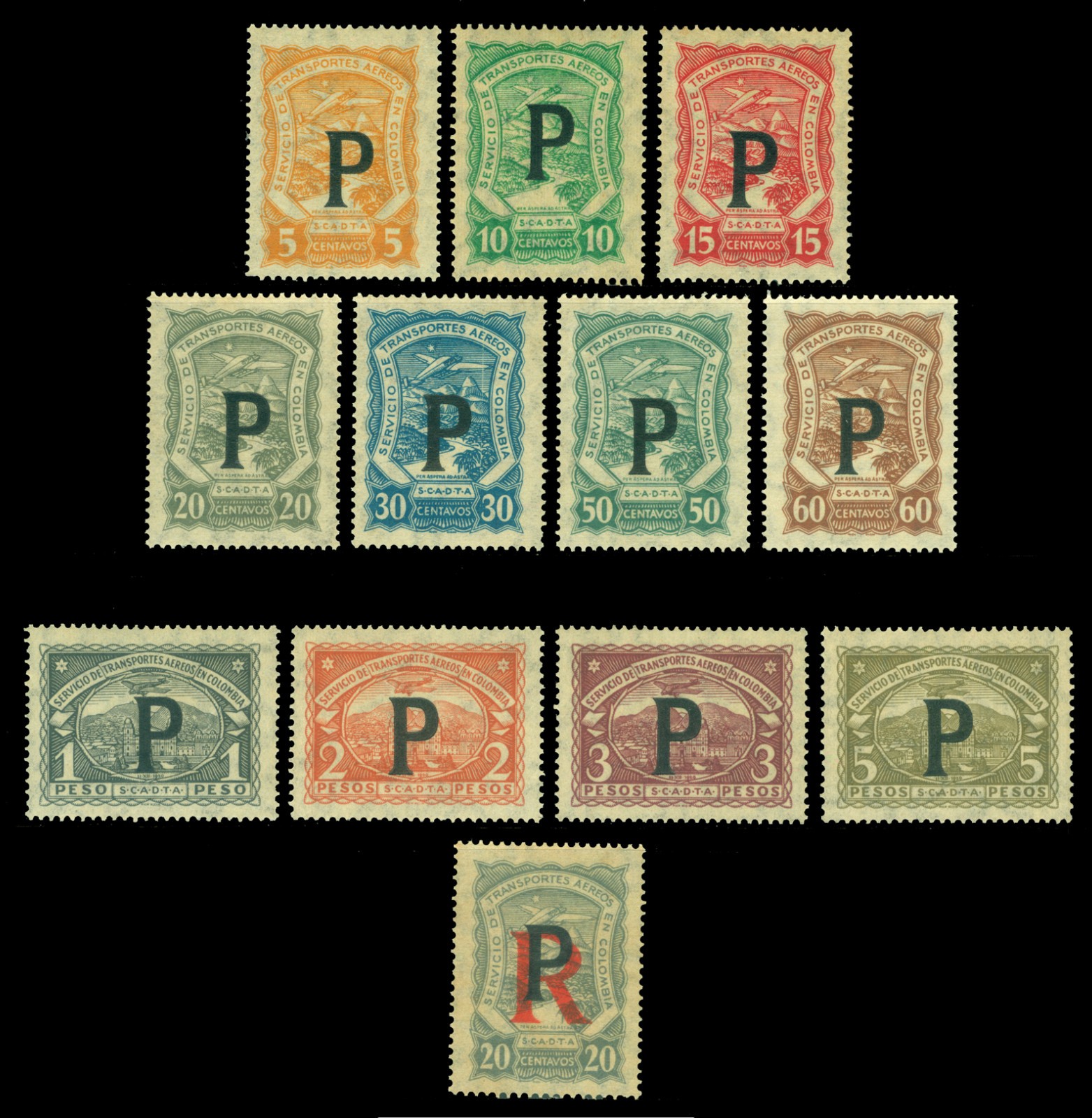 COLOMBIA 1923 AIRMAIL SCADTA - PANAMA "P" ovpt. set Sc# CLP56-66 +CFLP3 mint MLH