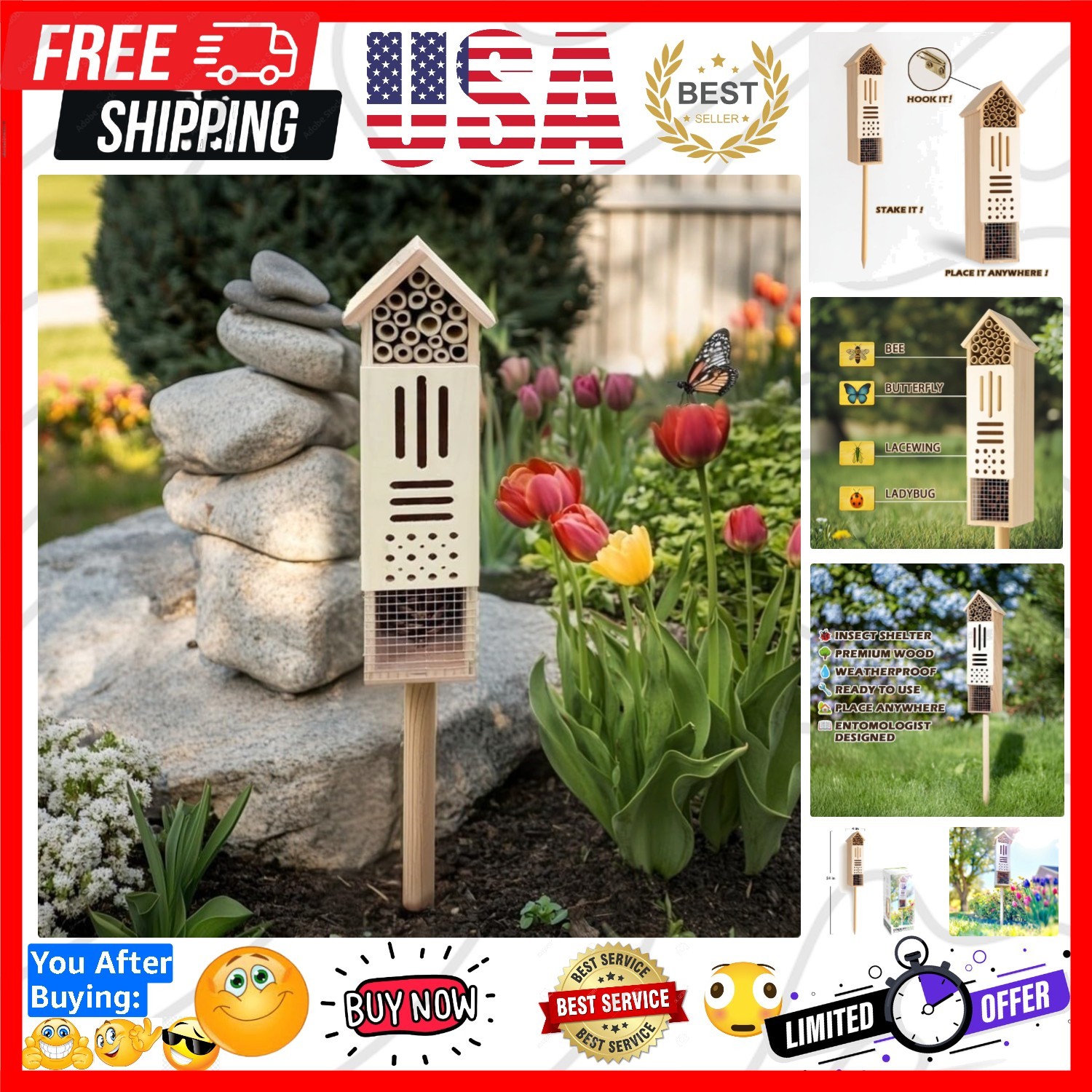 Durable Wooden Insect Habitat - Attract Ladybugs & Solitary Bees to Your Garden