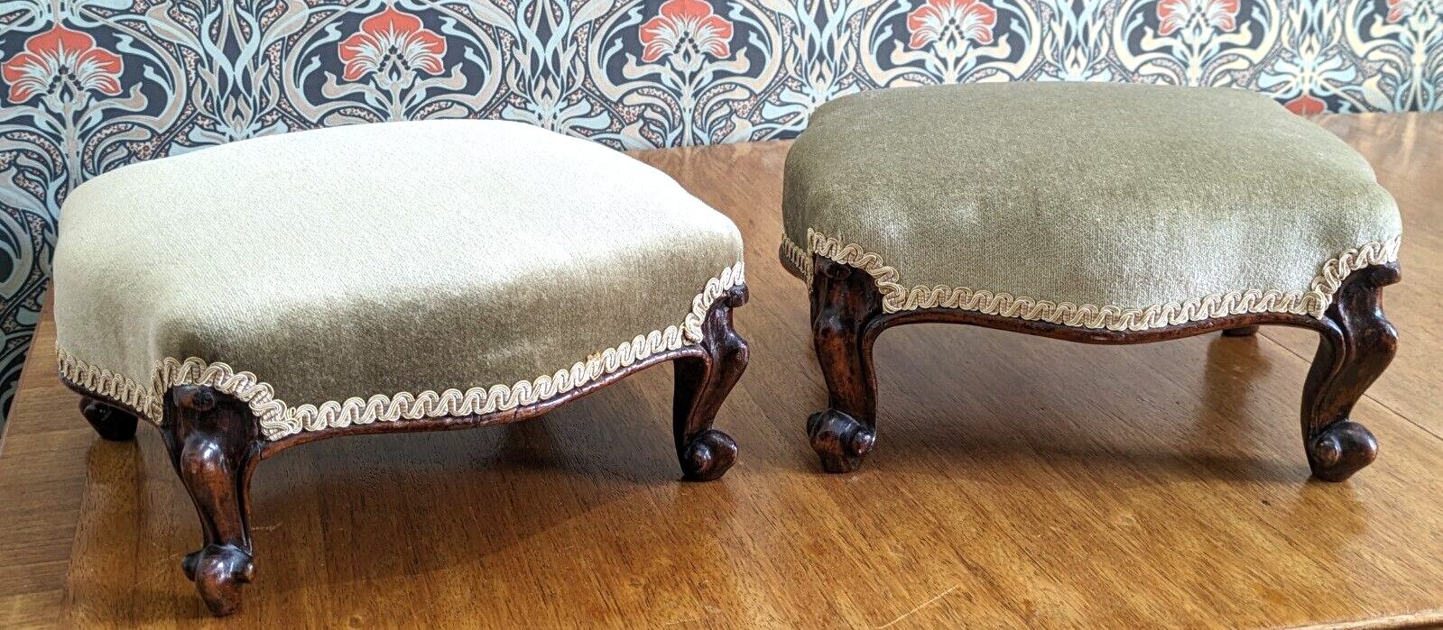 Pair of 19th Century Walnut Wood Cabriole Leg Green Footstools Victorian Antique