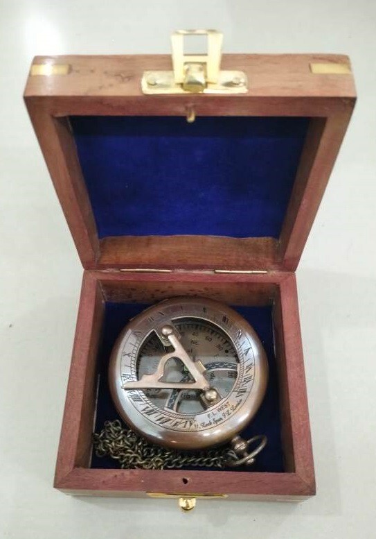 Sun Dial Pocket Watch Brass Compass Chain Antique Old Gold Lustre Wooden Box UK