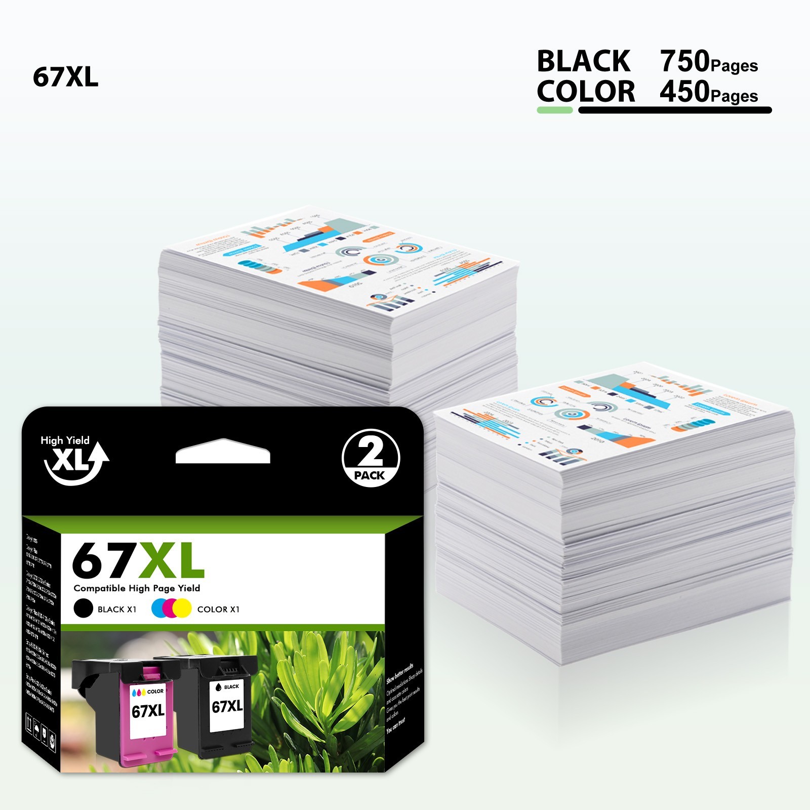 2PK 67XL Ink Cartridge Black For HP ink 67 DeskJet 2700 2755 4155 Envy 6055 6455
