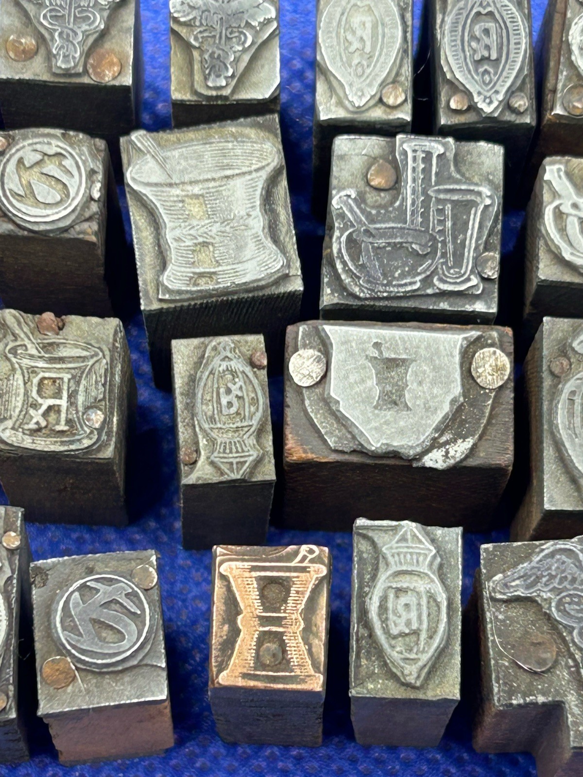 Antique Figural Pharmacy Stamping Dies Pharmacist Log Stamps - LOT OF 30