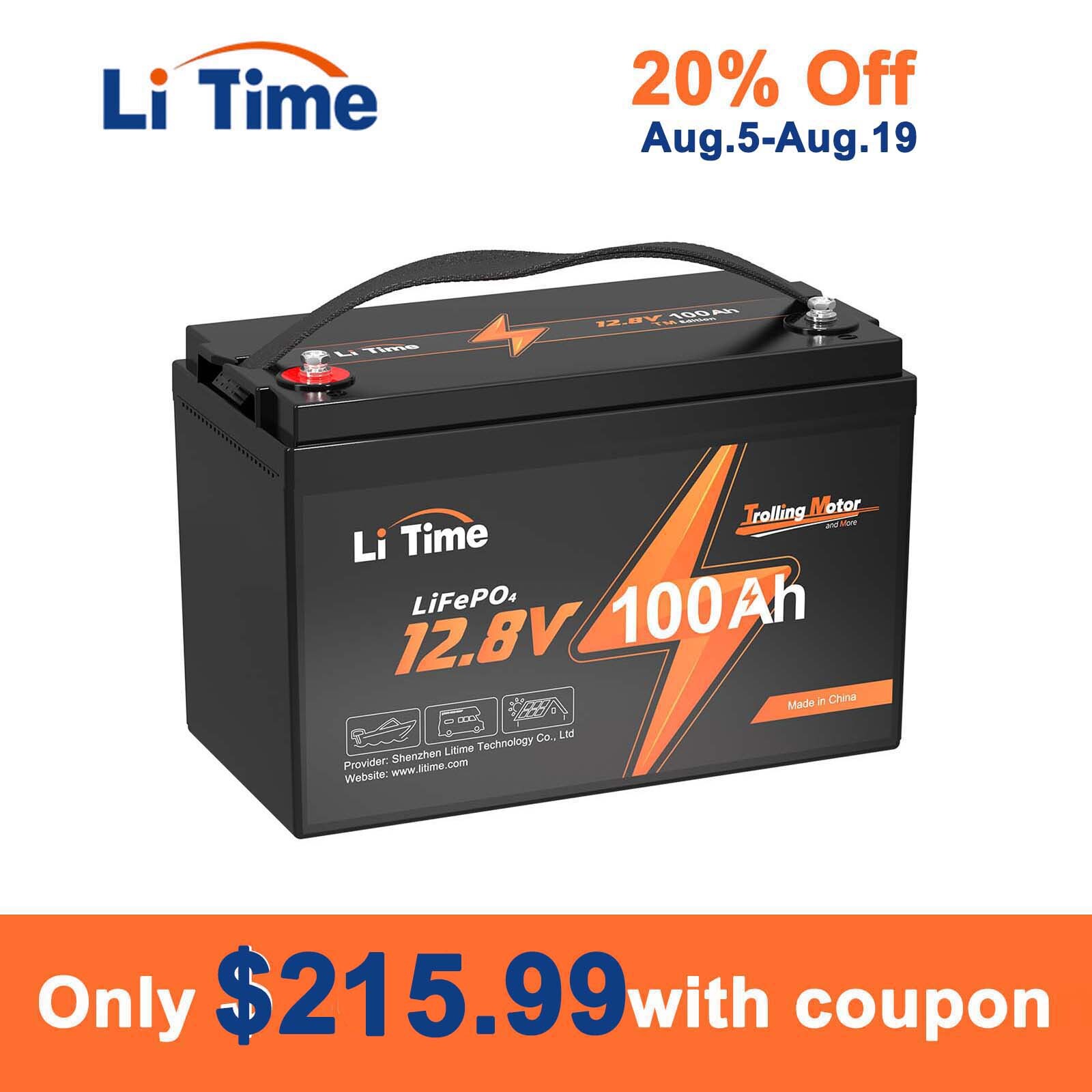 LiTime 12V 100Ah TM LiFePO4 Lithium Battery Low Temp Cut-off for Trolling Motor