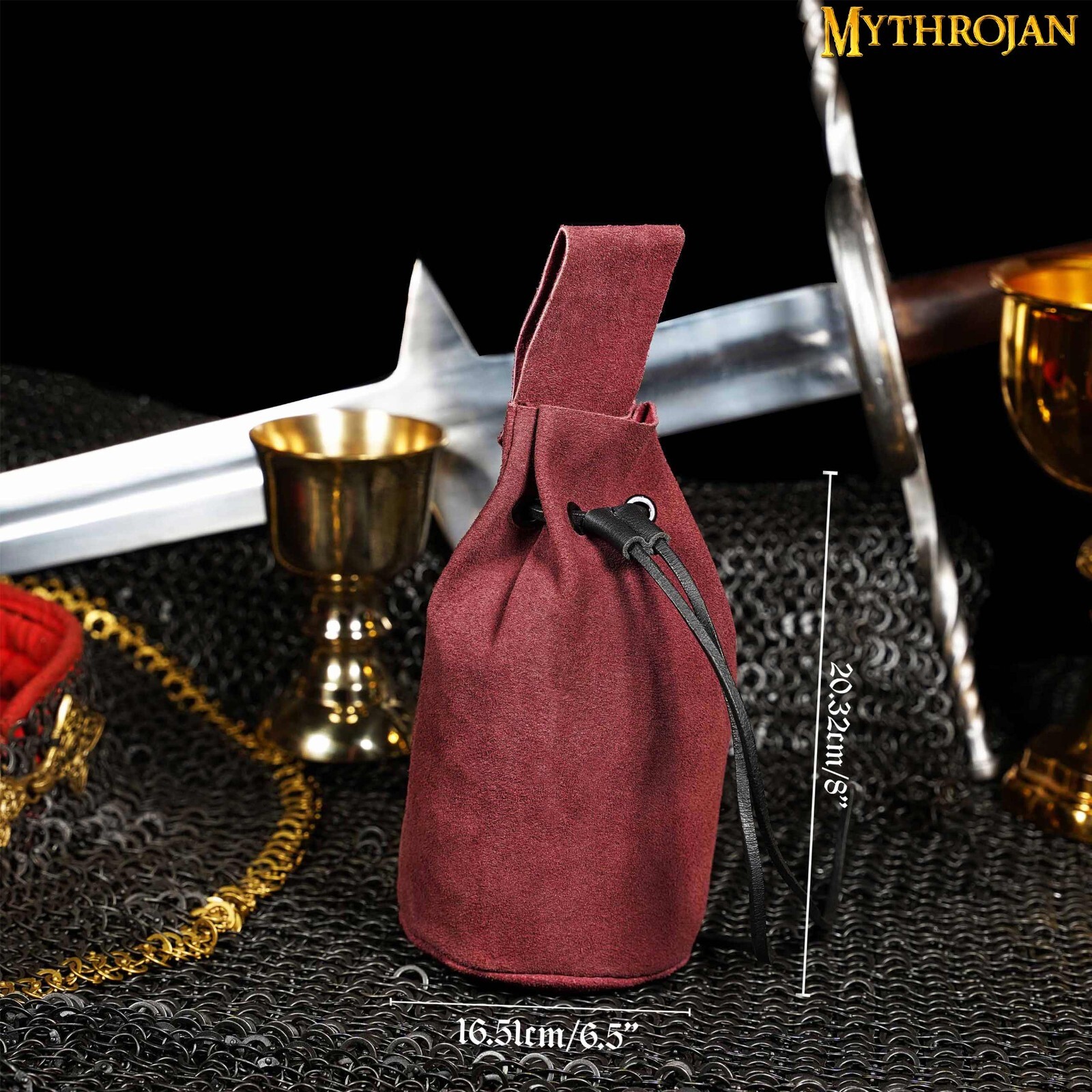 Medieval Suede Jewelry Pouch Cosplay Renaissance Coin Leather Belt Bag Wine Red