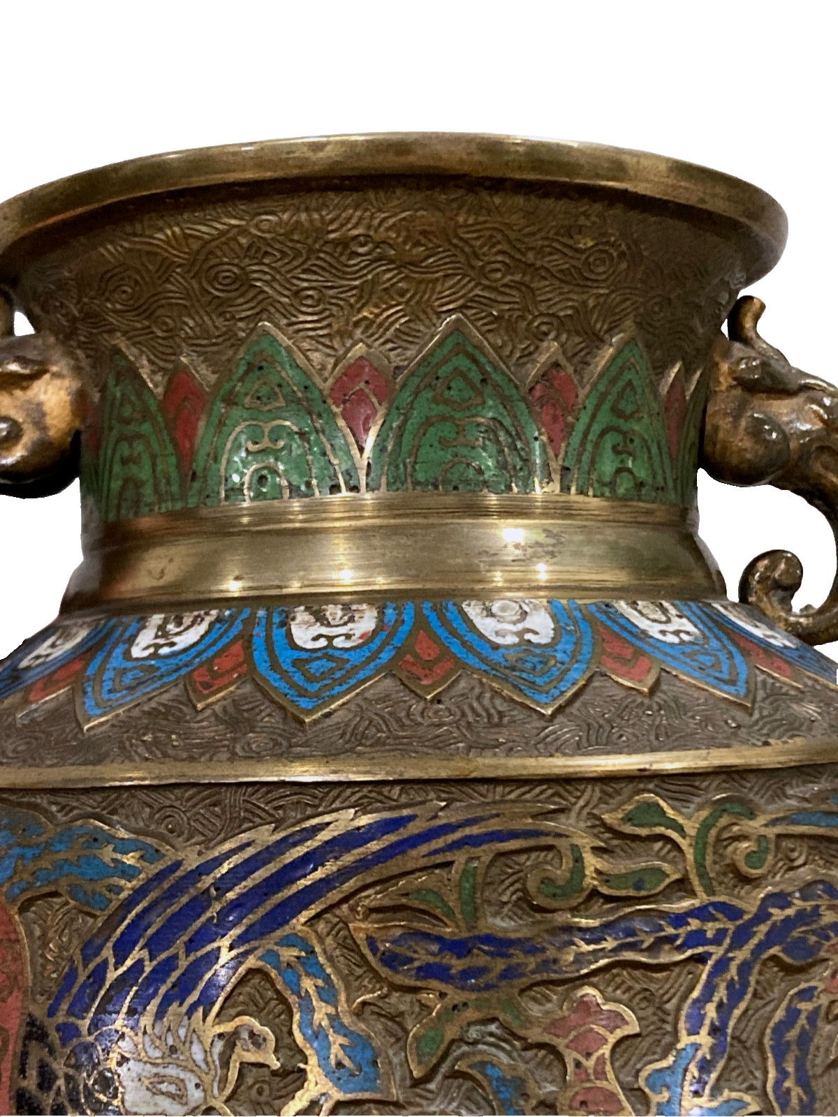 Antique Vintage Rare Shape Lrg Japanese Champleve Cloisonne Enamel Handled Vase