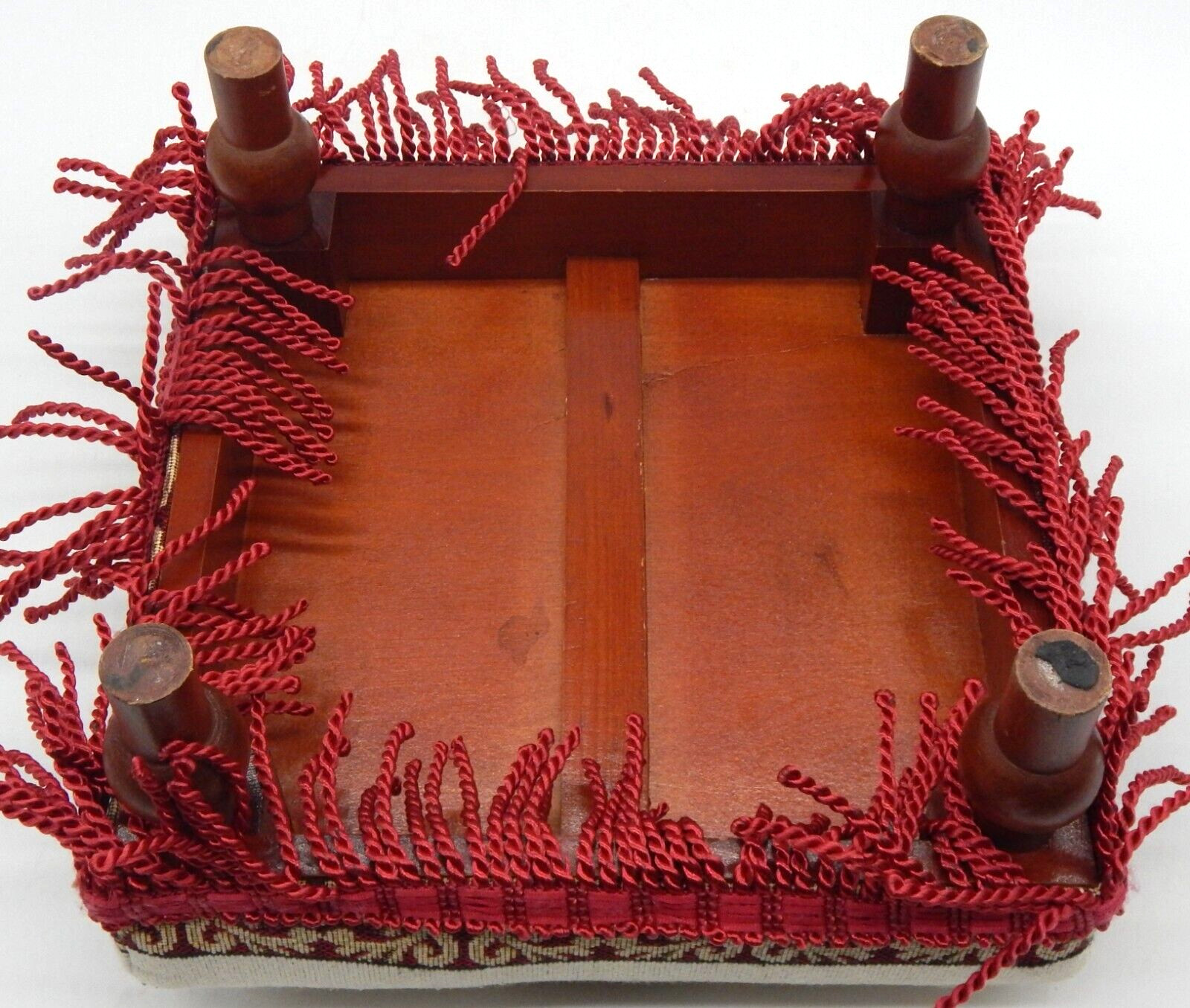 Vintage Needlepoint Square Footstool Wooden Floral Print Fringed Ottman