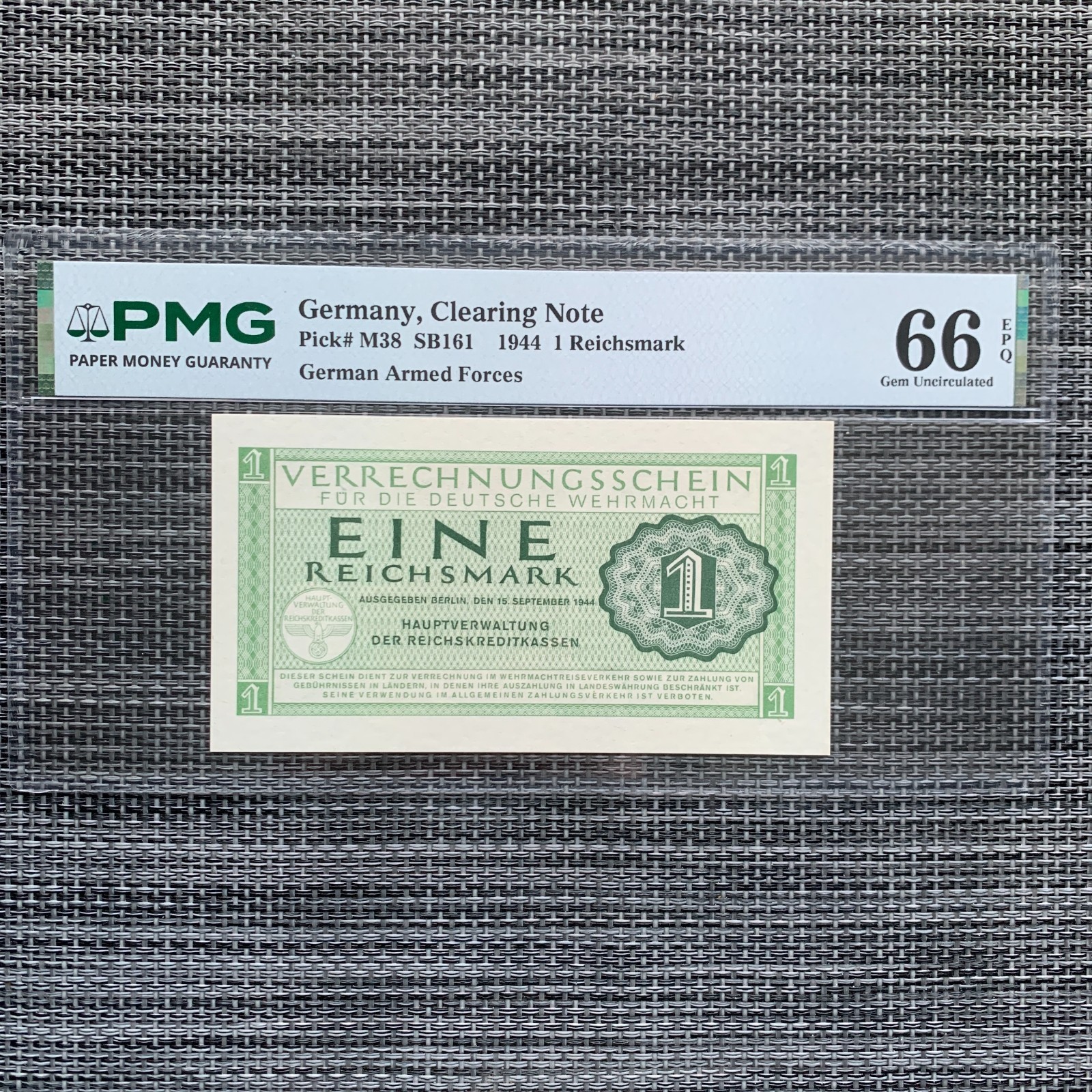 WW2 Era Germany 1 Mark Military Banknote 1944 Gem UNC Currency PMG 66 EPQ