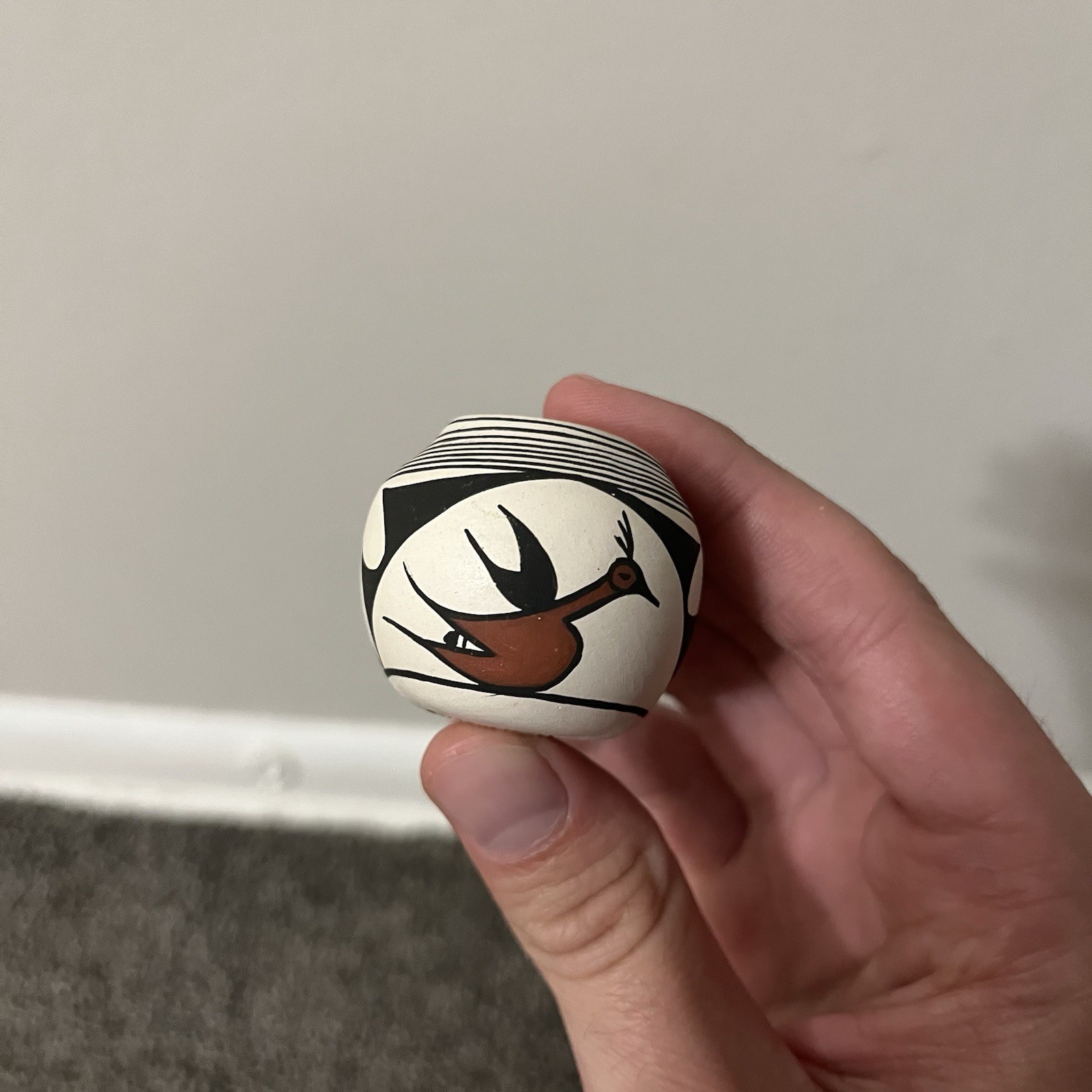 Laguna New Mexico Small Native American Pottery Signed V Pino 2”x 1.5” Vase Bird