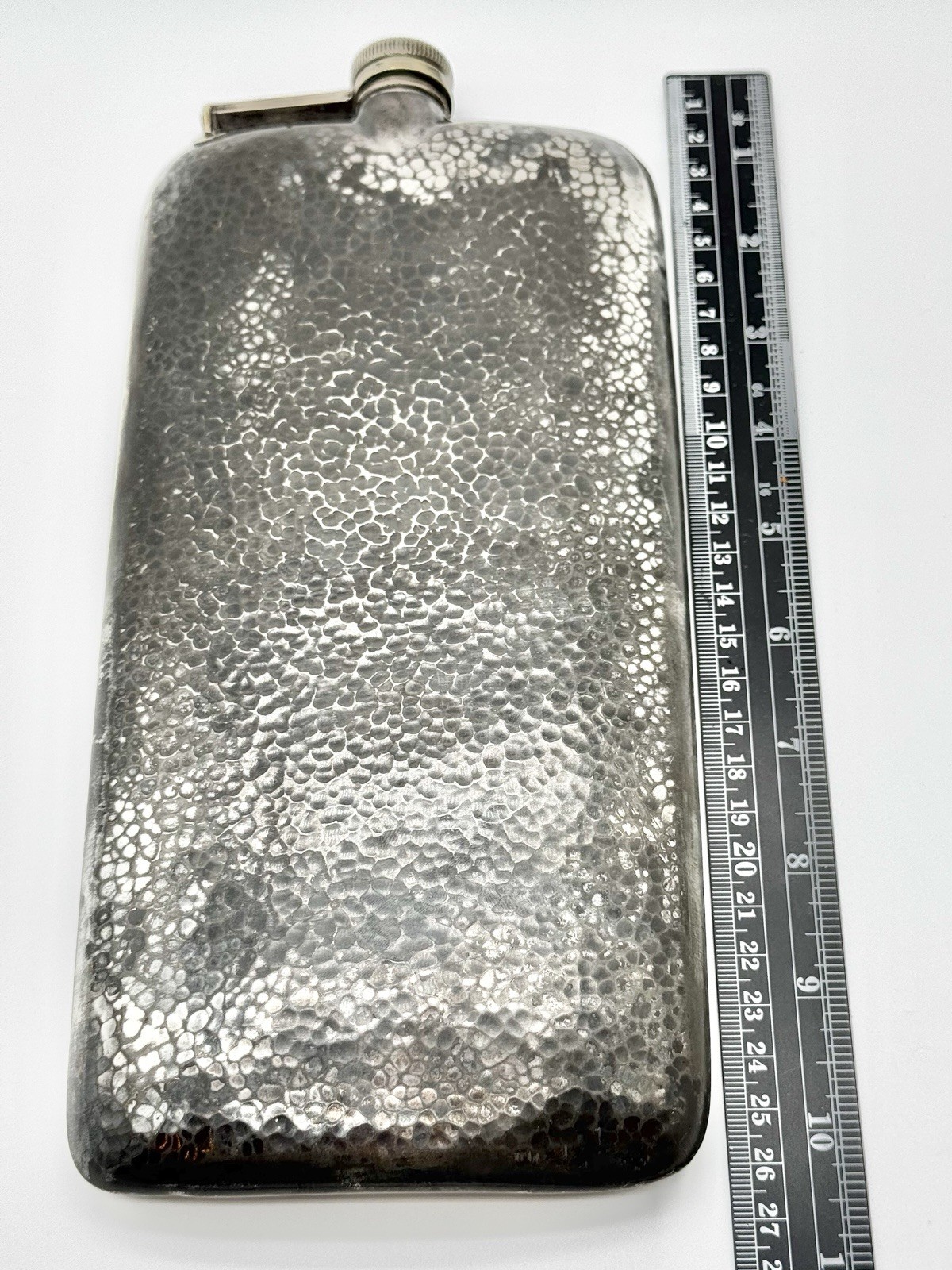 Antique E & J Bass Silver Plated Hammered Hip Flask Art Deco