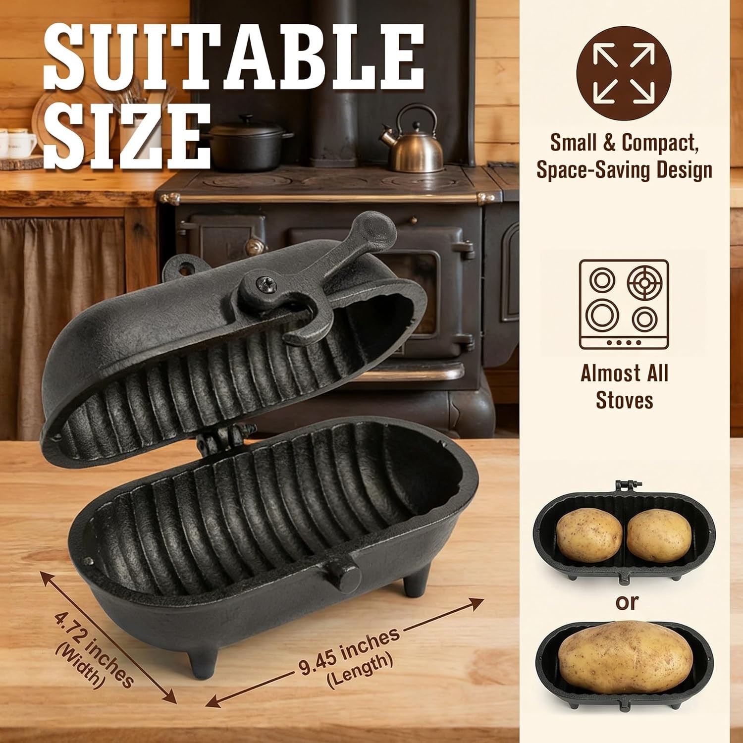 Cast Iron Baked Potato Cooker Latch Cast Iron Potato Roaster for Wood Burners