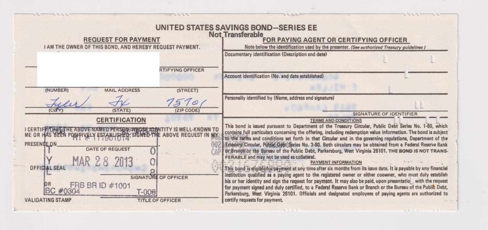 1986 UNITED STATES $100 US SAVINGS BOND DWIGHT 'IKE' EISENHOWER Tyler Texas