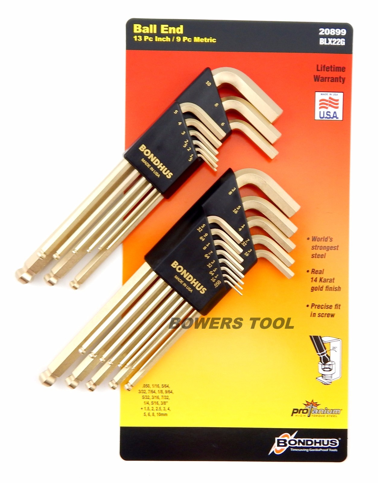 Bondhus 22pc GoldGuard Ball End Hex L Wrench Set Metric SAE Inch USA MADE 20899