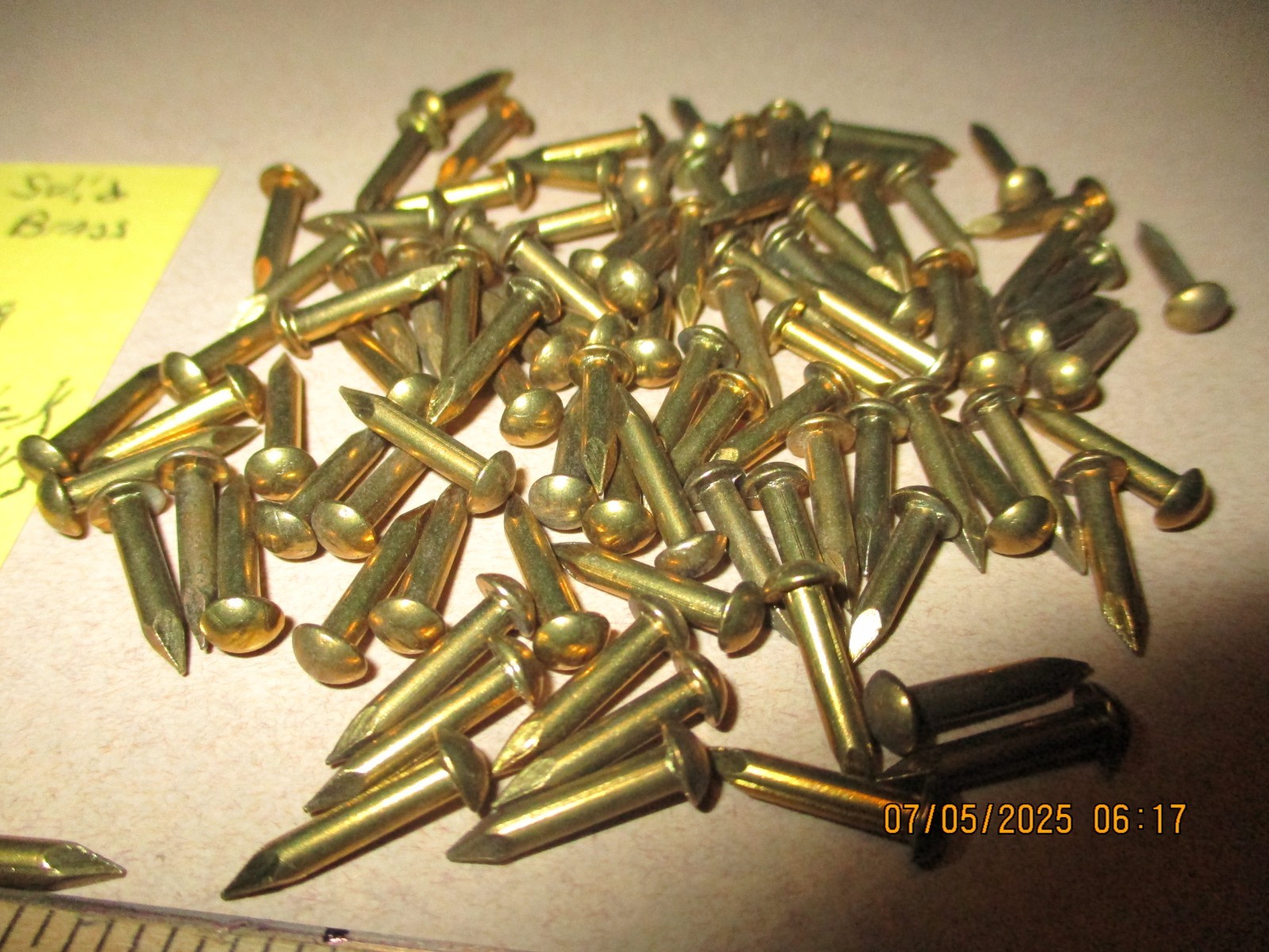 47--NICE VINTAGE 1/2" X #11, SOLID BRASS ESCUTCHEON PINS NAILS, ROUND DOME HEADS