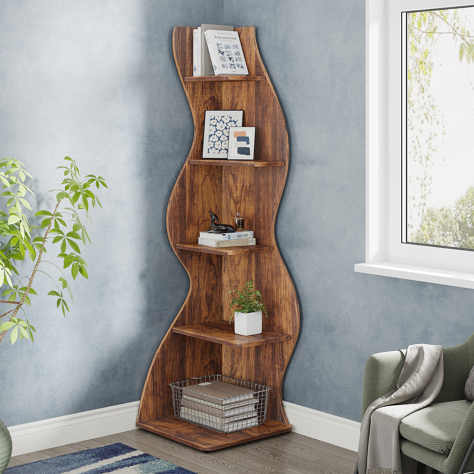 Tribesings 70" Tall Corner Shelf, 5-Tier Stylish Bookshelf Bookcase Storage Rack