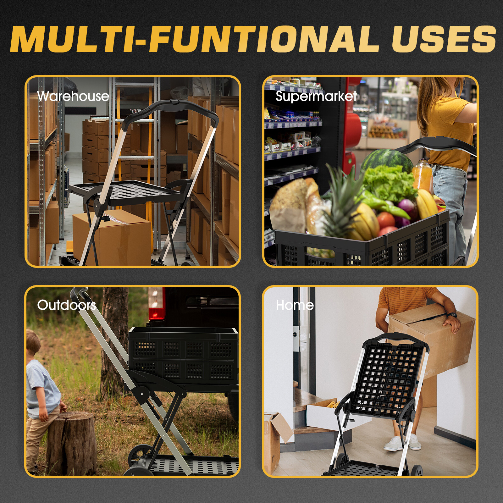 1 Trolley & 2 Folding Baskets Heavy-duty Collapsible Double Folding Service Cart