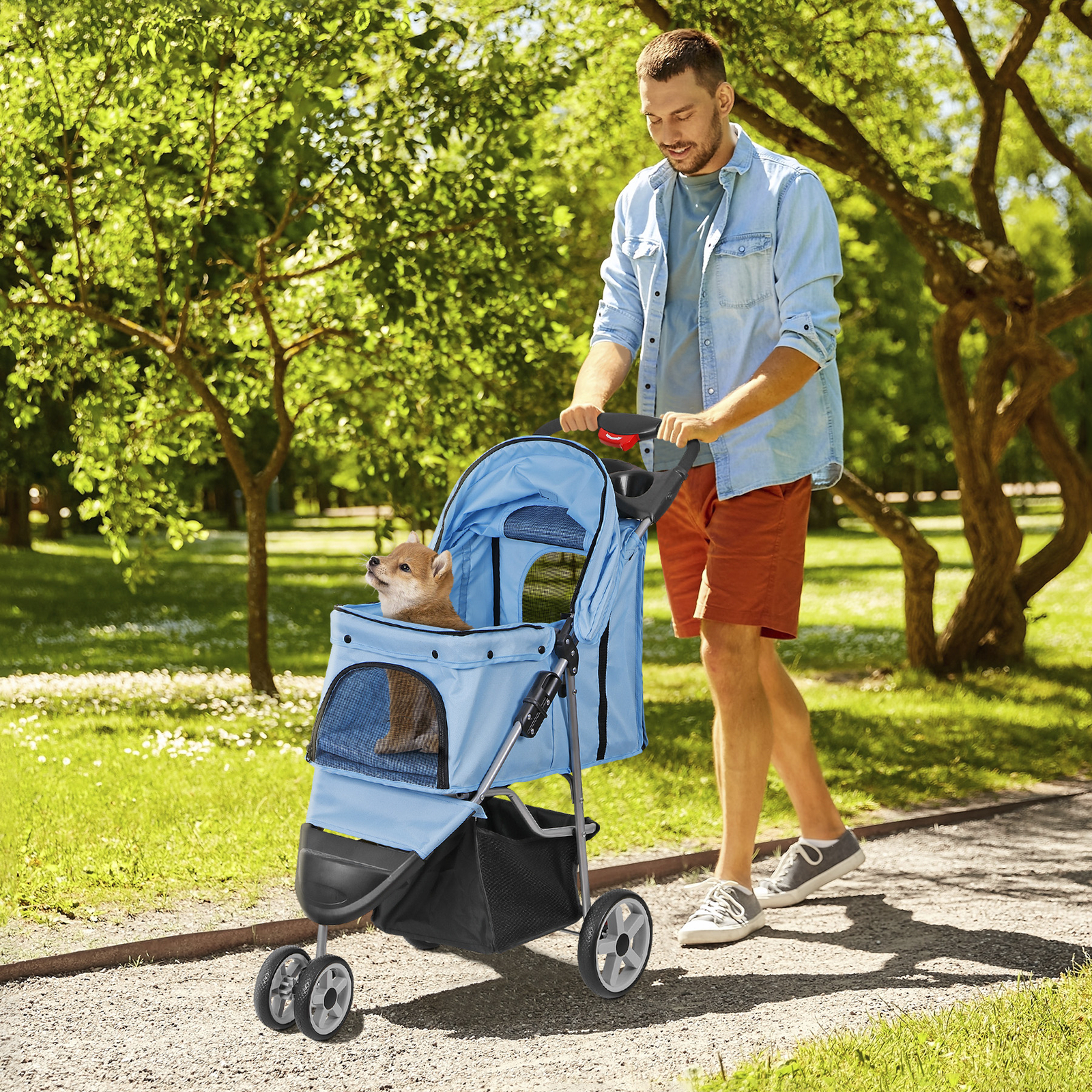 3 Wheels Pet Dog Cat Stroller for Small Medium Dogs Cats with Cup Holder Blue
