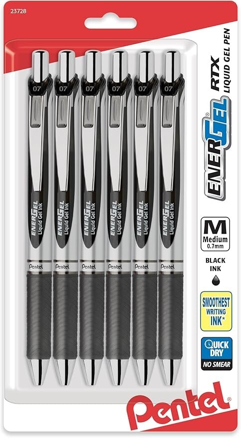 Pentel EnerGel RTX Retractable Gel Pen, (0.7mm), Black Ink, Pack of 6
