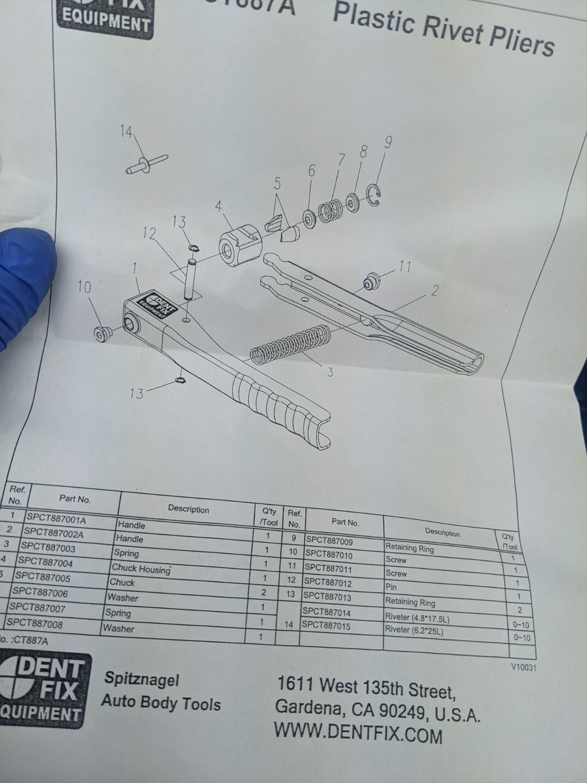 #bm855 Spitznagel Dent Fix DF-CT887 Slimline Plastic Riveter