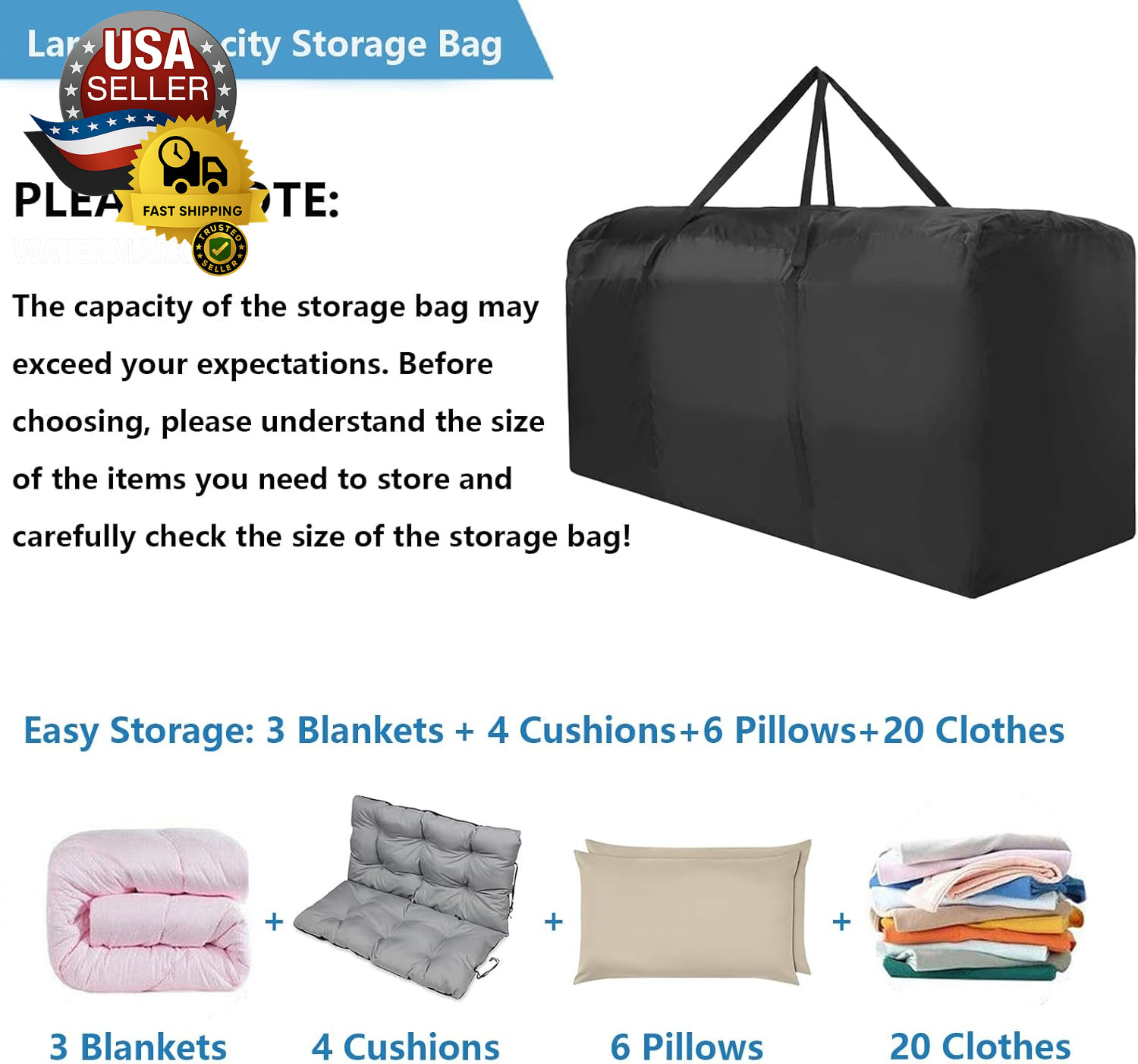 Outdoor Cushion Storage Bag, Waterproof Extra-Large Black Outdoor Patio Cushion