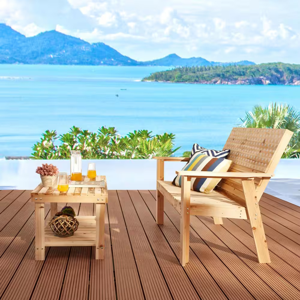 2-Piece Wood Patio Conversation Set with Engraved Bench and Coffee Table