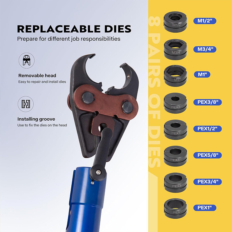 Copper Tube Fittings Hydraulic Pipe Crimping Tool with 1/2", 3/4" and 1" Die Set