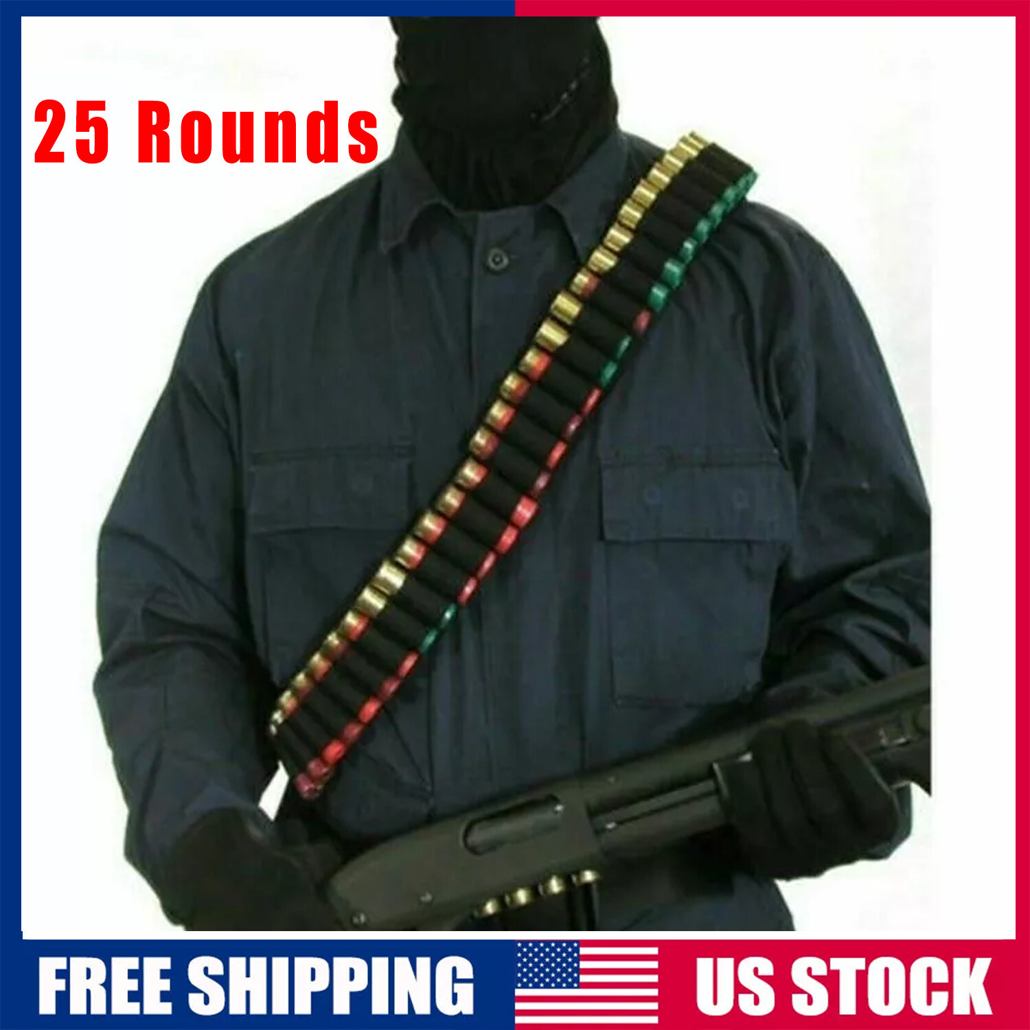 Shotgun Shell Holder 25 Shells 12/20GA Gauge Cartridge Ammo Bandolier Belt Black