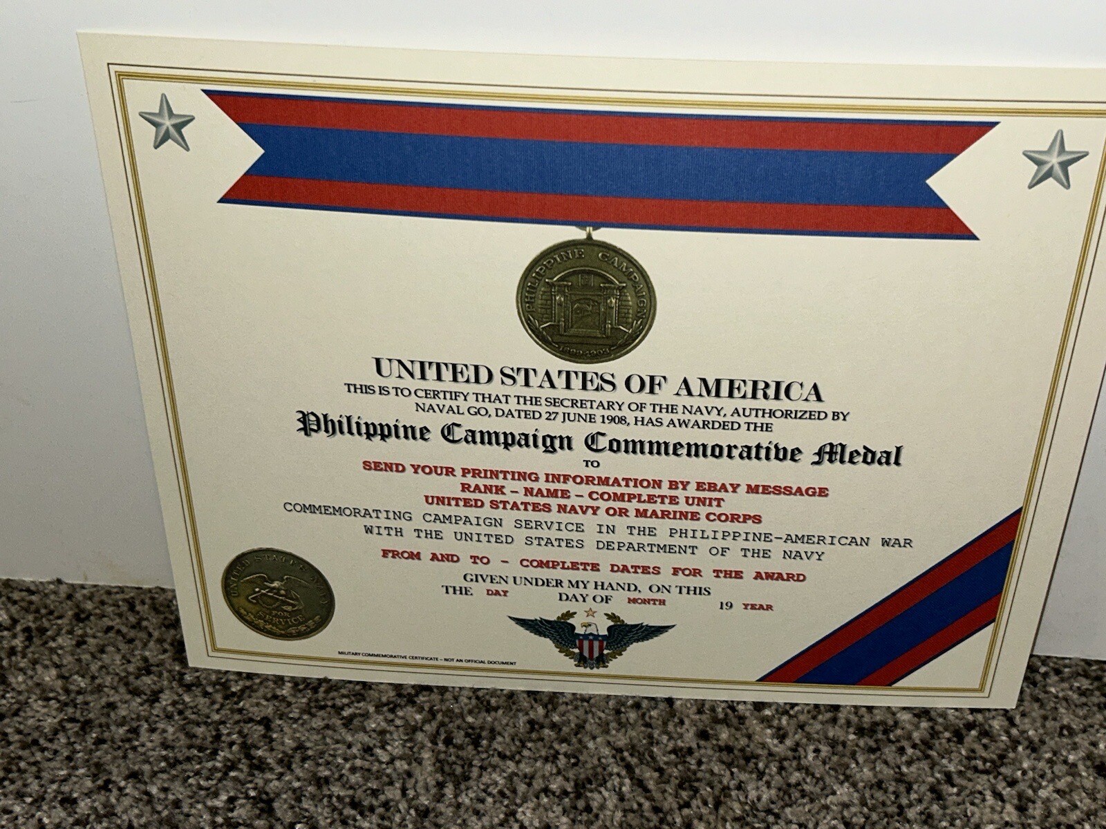 PHILIPPINE CAMPAIGN (NAVY) COMMEMORATIVE MEDAL CERTIFICATE ~ W/PRINTING TYPE-1