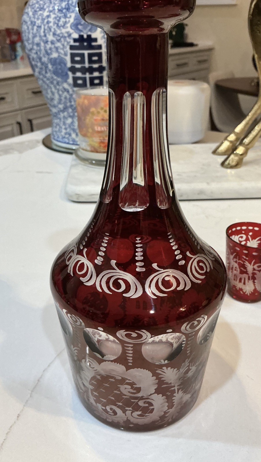 6PC EGERMANN CUT TO CLEAR RUBY WHISKEY DECANTER SET NO STOPPER- PRISTINE