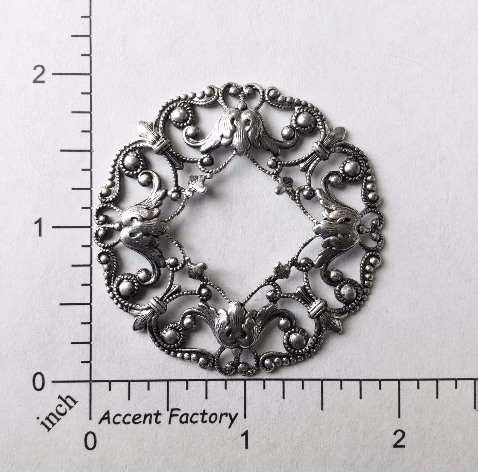 24824       Matte Silver Oxidized Victorian Round Filigree Brass Jewelry Finding