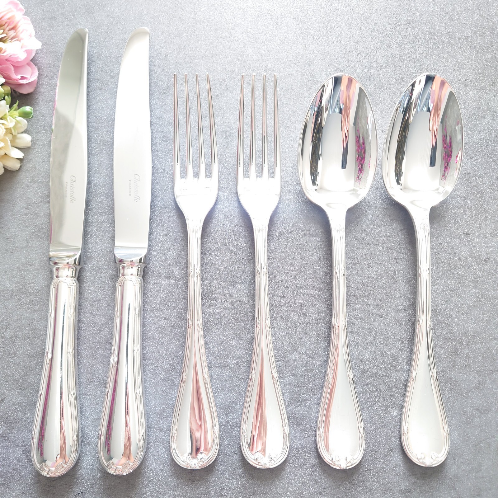 Christofle Rubans 6pcs Flatware Silverplated Table Knife Fork Spoon Excellent