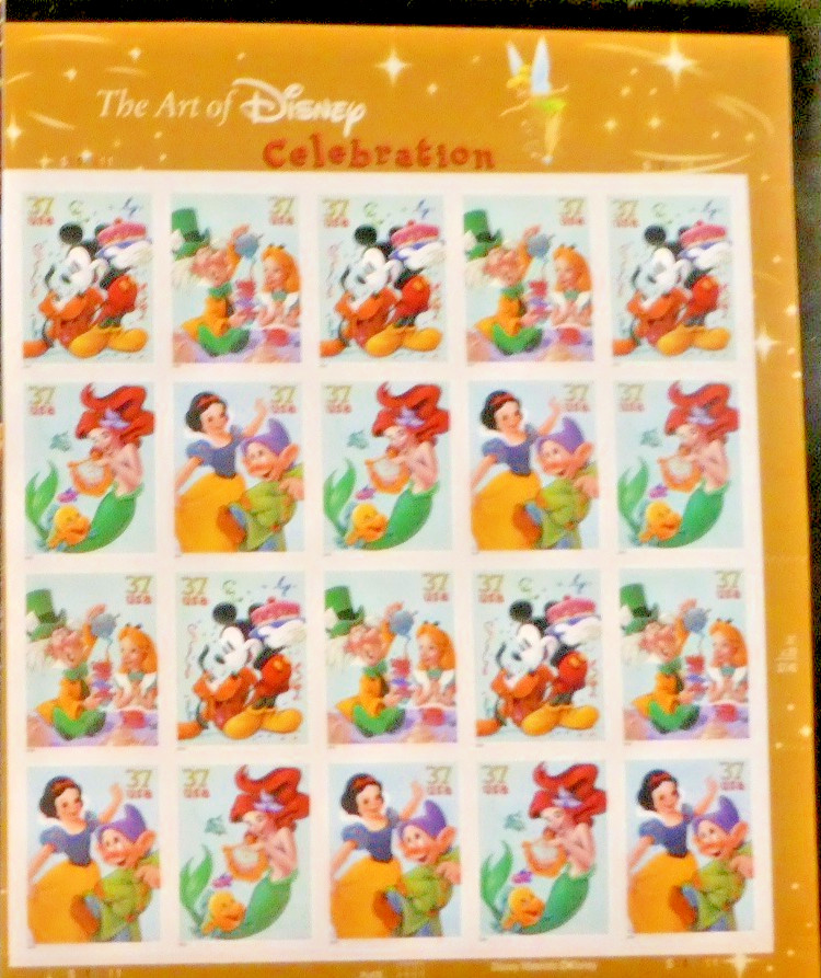 USPS Postage Stamp Sheet Art of Disney Celebration 37c, 20 Stamps