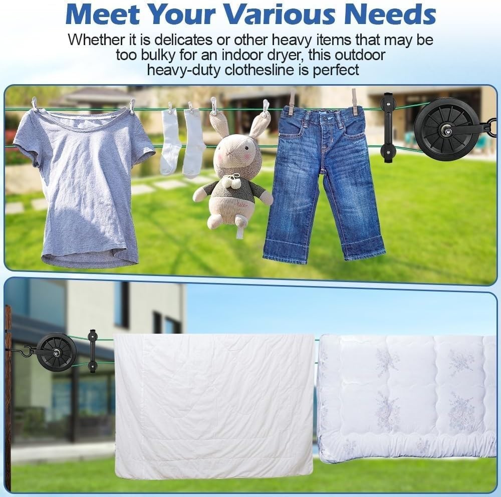 Outdoor Clothesline Kit, 150ft PVC Coated Galvanized Line with Pulley