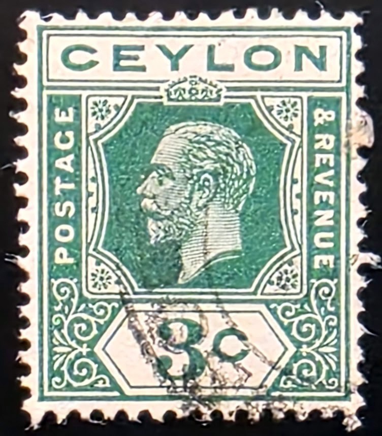 1912-25 Ceylon King George V Green 3 Cent Stamp