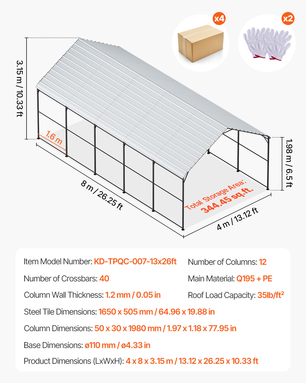 13' x 26' Metal Carport Outdoor Car Shelter Garage for Boats