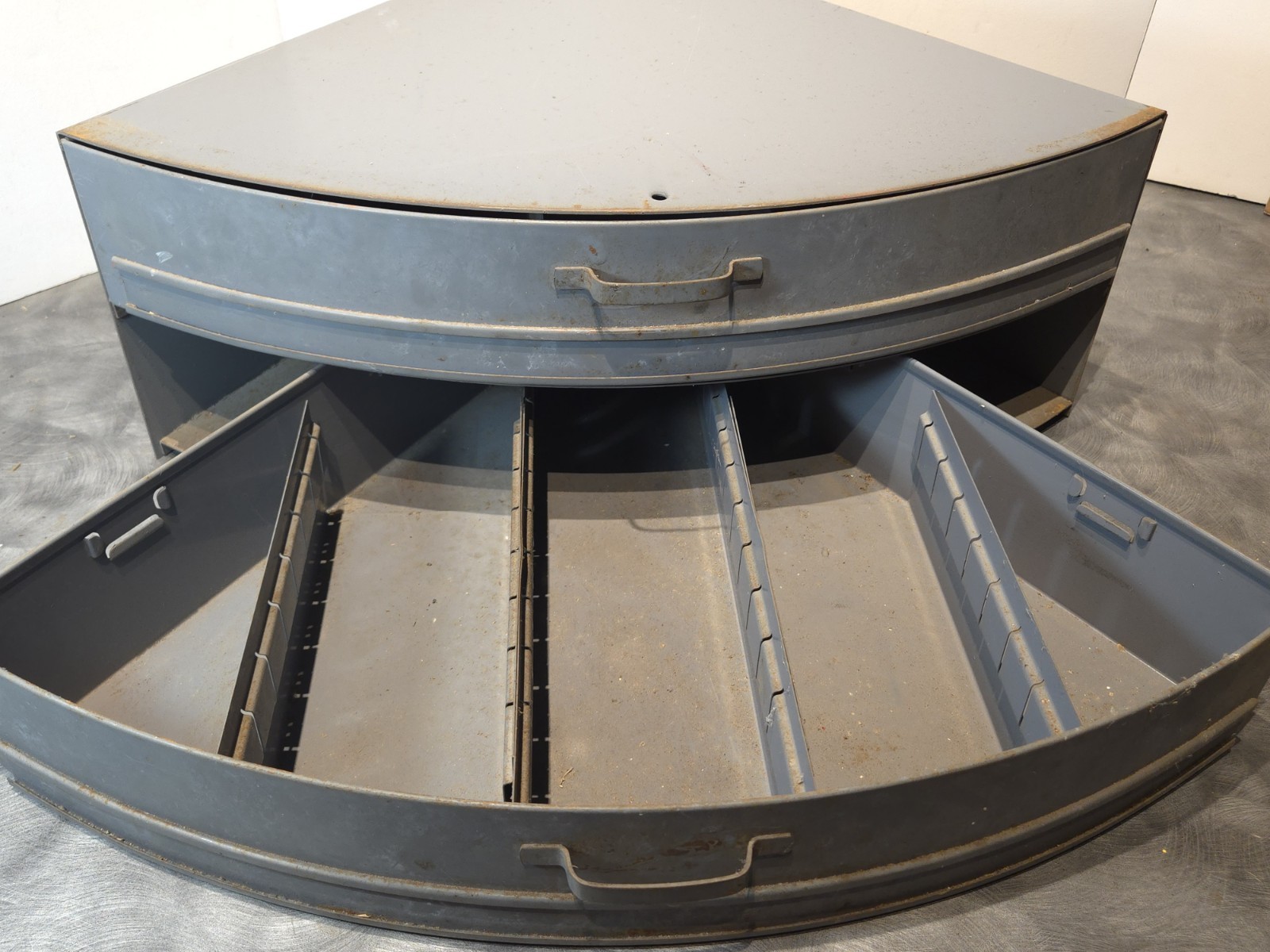 Vintage Industrial Metal Pie Shaped Corner Hardware Parts Bin 3 Drawer Cabinet