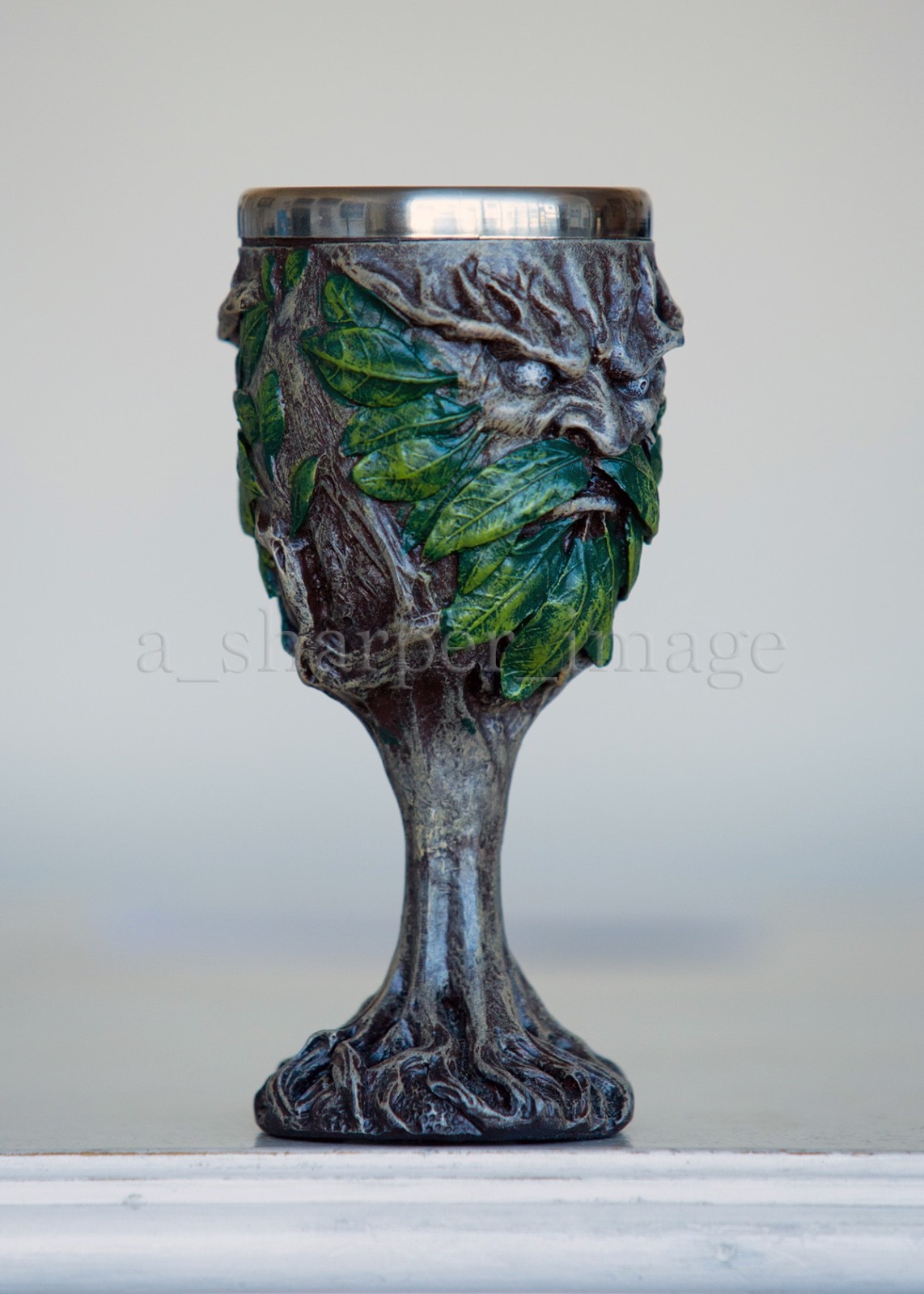 Greenman Wood Spirit 7" Goblet Chalice Hand Painted Fantasy Nature...Beautiful!