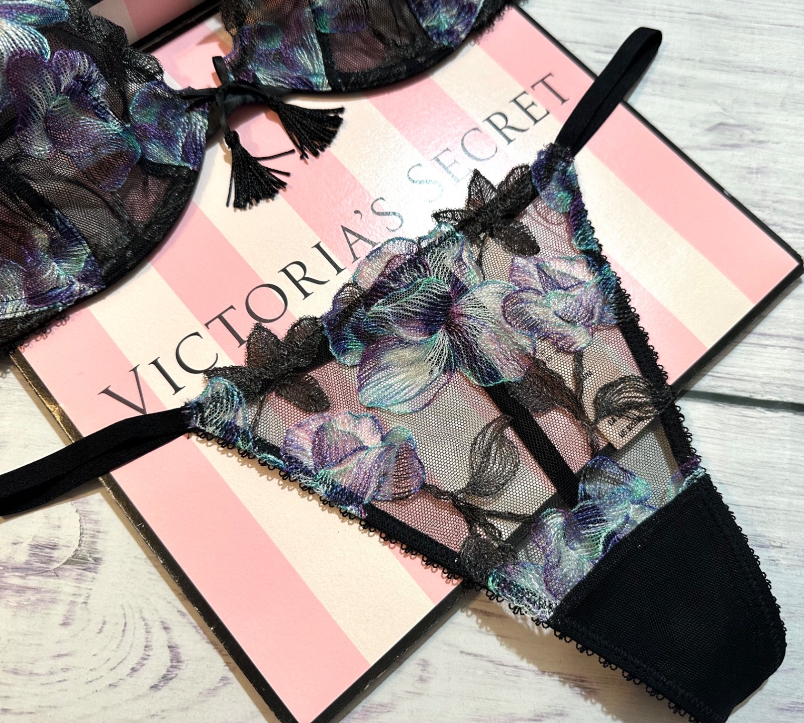 Victoria's Secret Black Electric Orchid Embroidery Unlined Demi Bra Garter Set